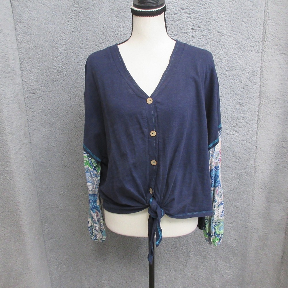Umgee Paisley Balloon Sleeve Tie Front Blouse Womens S Navy Boho Artsy Eclectic